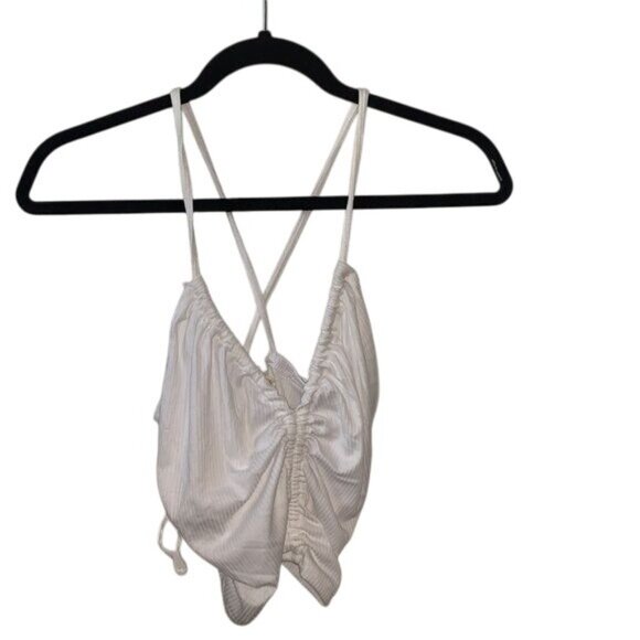 Heart & Hips White Ribbed Ruched Halter Crop Top L 86% Polyester 4% Spandex - Picture 2 of 7